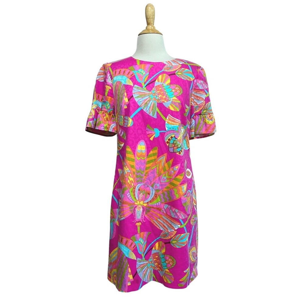 Trina Turk Size 6 Colorful Stretch Cotton Ruffle Sleeve Sheath Dress Tropical